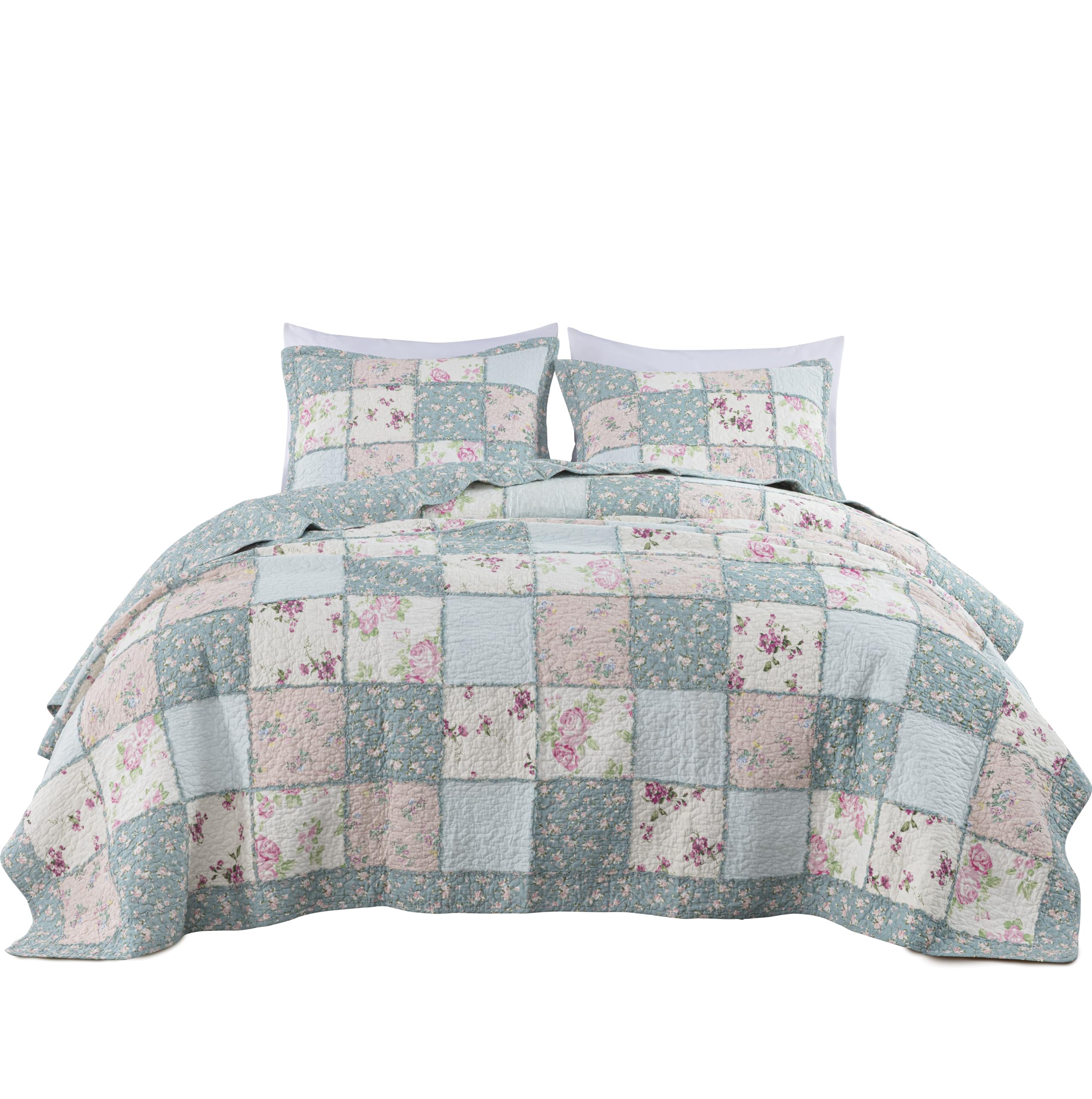 Chezmoi Collection Abbi 3-Piece Shabby Chic Bedding Queen Quilt Set Pre-Washed Cotton Floral Coverlet Bedspread Ruffled Patchwork Quilt Queen Size