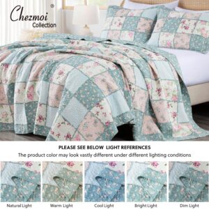 Chezmoi Collection Abbi 3-Piece Shabby Chic Bedding Queen Quilt Set Pre-Washed Cotton Floral Coverlet Bedspread Ruffled Patchwork Quilt Queen Size