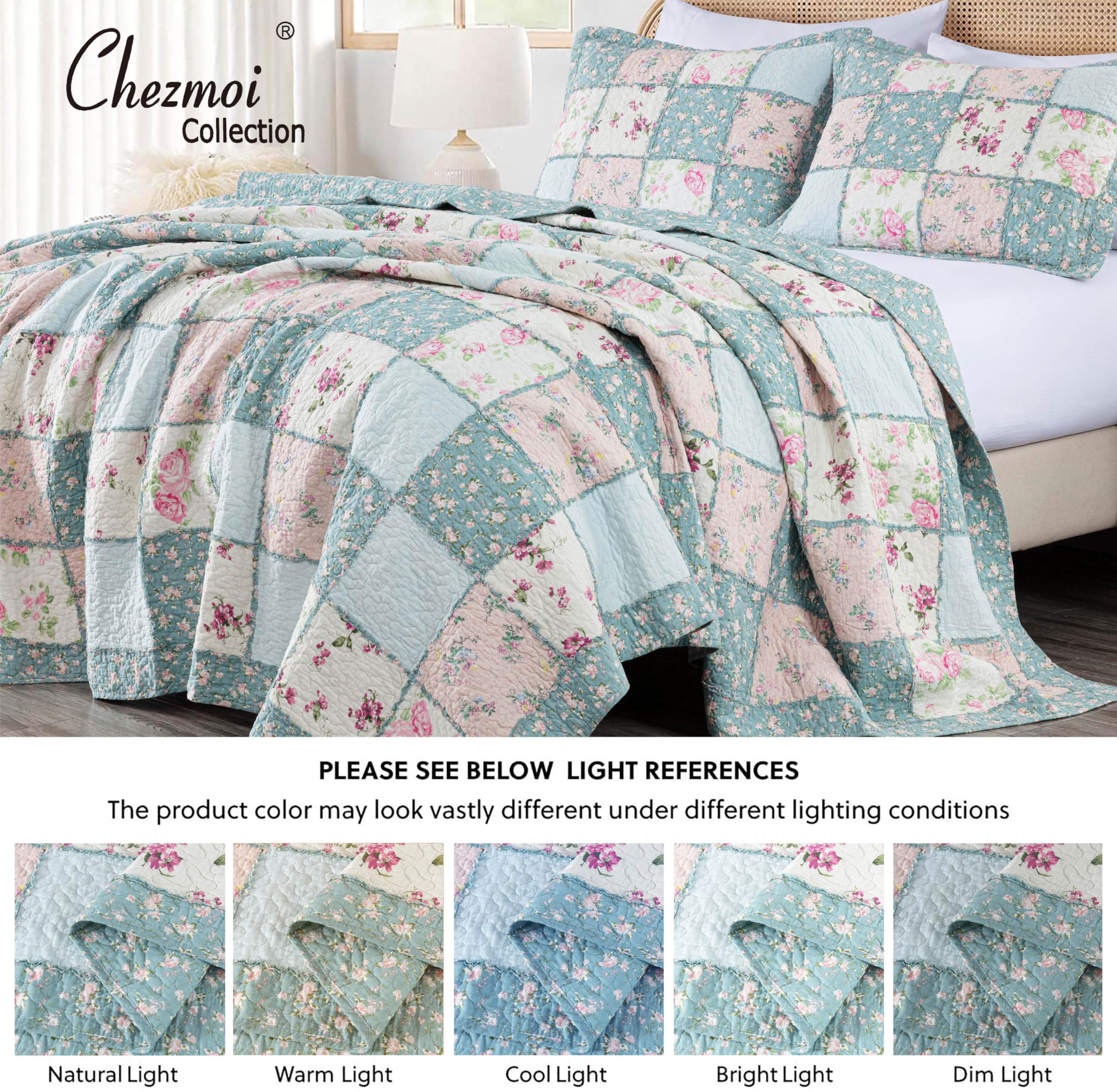 Chezmoi Collection Abbi 3-Piece Shabby Chic Bedding Queen Quilt Set Pre-Washed Cotton Floral Coverlet Bedspread Ruffled Patchwork Quilt Queen Size