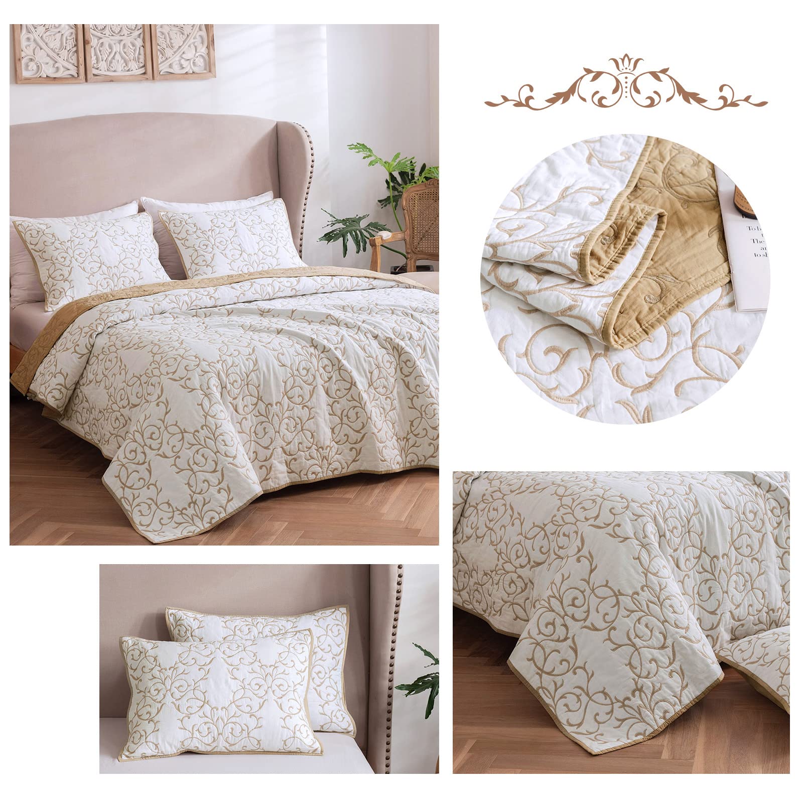 mixinni Reversible Soft Quilts 3-Piece Beige Embroidery Pattern Elegant Set with Embroidered Decorative Shams Soft Bedspread&Coverlet Set (Queen Size, Beige)