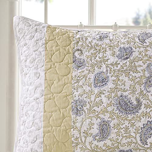 Madison Park 100% Cotton Quilt Set Floral Print, Double Sided Stitching, All Season, Lightweight Coverlet Shabby Chic Bedding Layer, Matching Shams, Full/Queen, Yellow 6 Piece