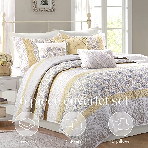 Madison Park 100% Cotton Quilt Set Floral Print, Double Sided Stitching, All Season, Lightweight Coverlet Shabby Chic Bedding Layer, Matching Shams, Full/Queen, Yellow 6 Piece