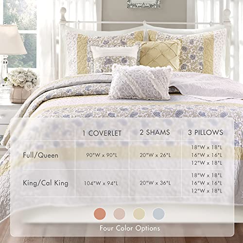 Madison Park 100% Cotton Quilt Set Floral Print, Double Sided Stitching, All Season, Lightweight Coverlet Shabby Chic Bedding Layer, Matching Shams, Full/Queen, Yellow 6 Piece