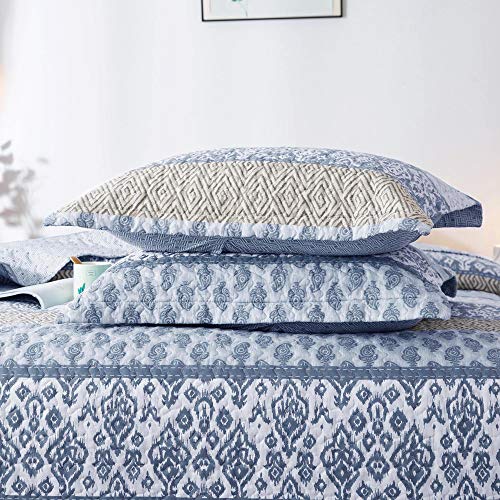 KASENTEX Country-Chic Printed Pre-Washed Quilt Bedding Set - Microfiber Fabric Quilted Pattern Bedding (Multi-Blue C, Queen + 2 Shams)