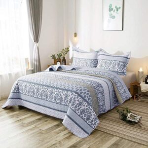 KASENTEX Country-Chic Printed Pre-Washed Quilt Bedding Set - Microfiber Fabric Quilted Pattern Bedding (Multi-Blue C, Queen + 2 Shams)