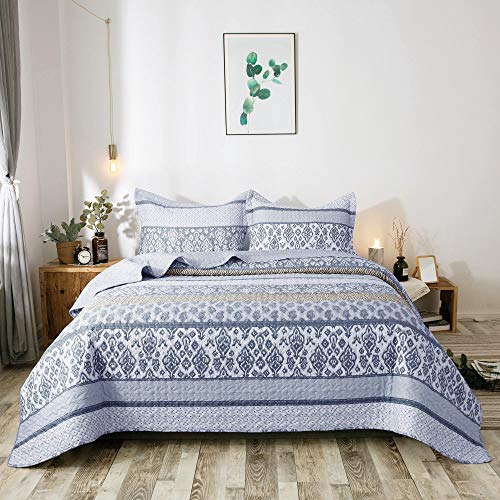 KASENTEX Country-Chic Printed Pre-Washed Quilt Bedding Set - Microfiber Fabric Quilted Pattern Bedding (Multi-Blue C, Queen + 2 Shams)