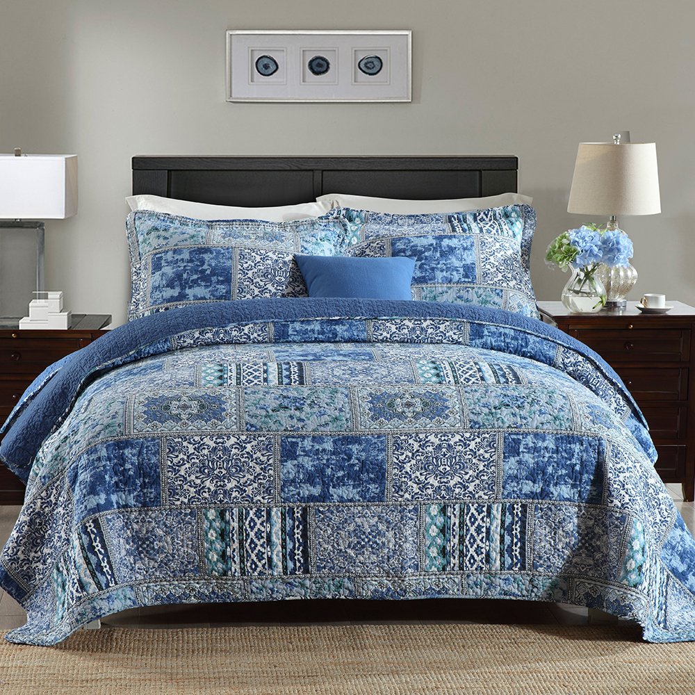 NEWLAKE Cotton Bedspread Quilt Sets-Reversible Patchwork Coverlet Set, Blue Classic Bohemian Pattern,Queen Size