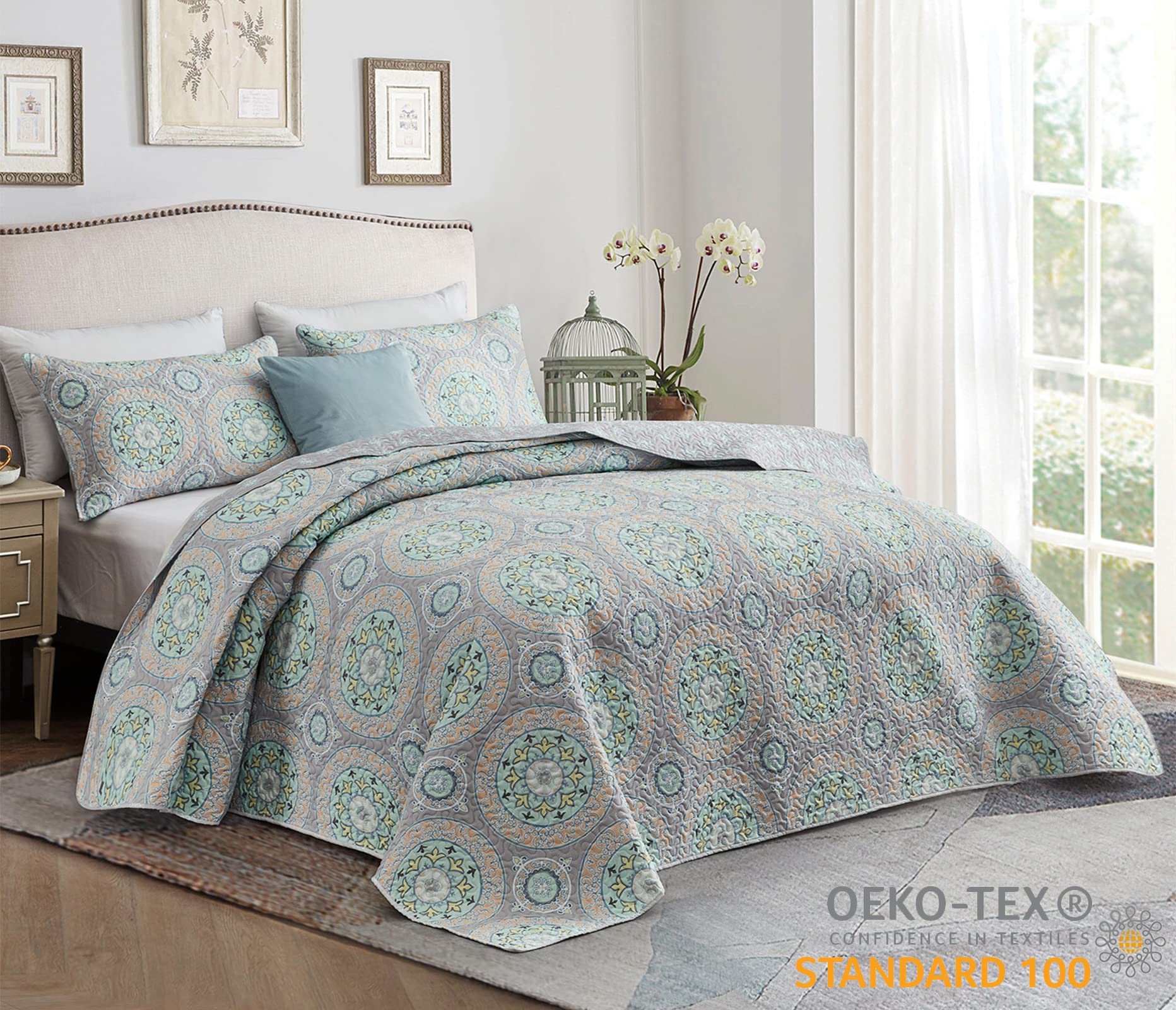 CHIXIN Boho Quilt King Size - Bohemian Chic Medallion Design - Lightweight Bedspread Coverlet Set, Ultrasonic Quilting Mandala Bedding Cover for All Season, 3 Piece, Aqua Blue