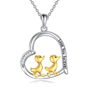 JERWLI Duck Gifts Necklace 925 Sterling Silver Duck Pendant Necklace Heart Duck Jewelry for Women Duck Lovers Gifts