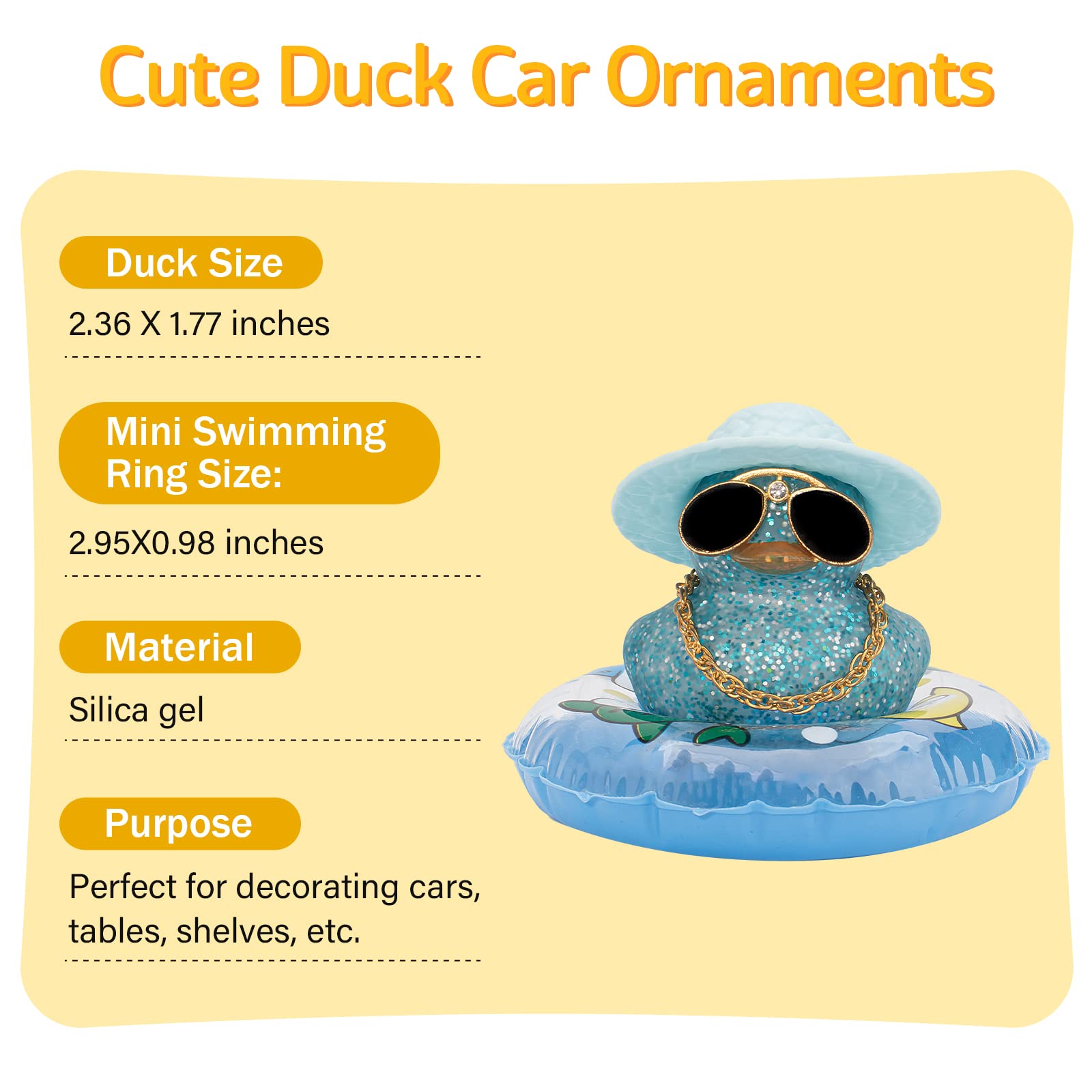 wonuu Car Duck Ornament Dashboard Decorations Rubber Duck Car for Car Dashboard Accessories with Swim Ring Sunglasses Hat and Necklace, B_Light Blue_Blue Sun Hat_Dolphin