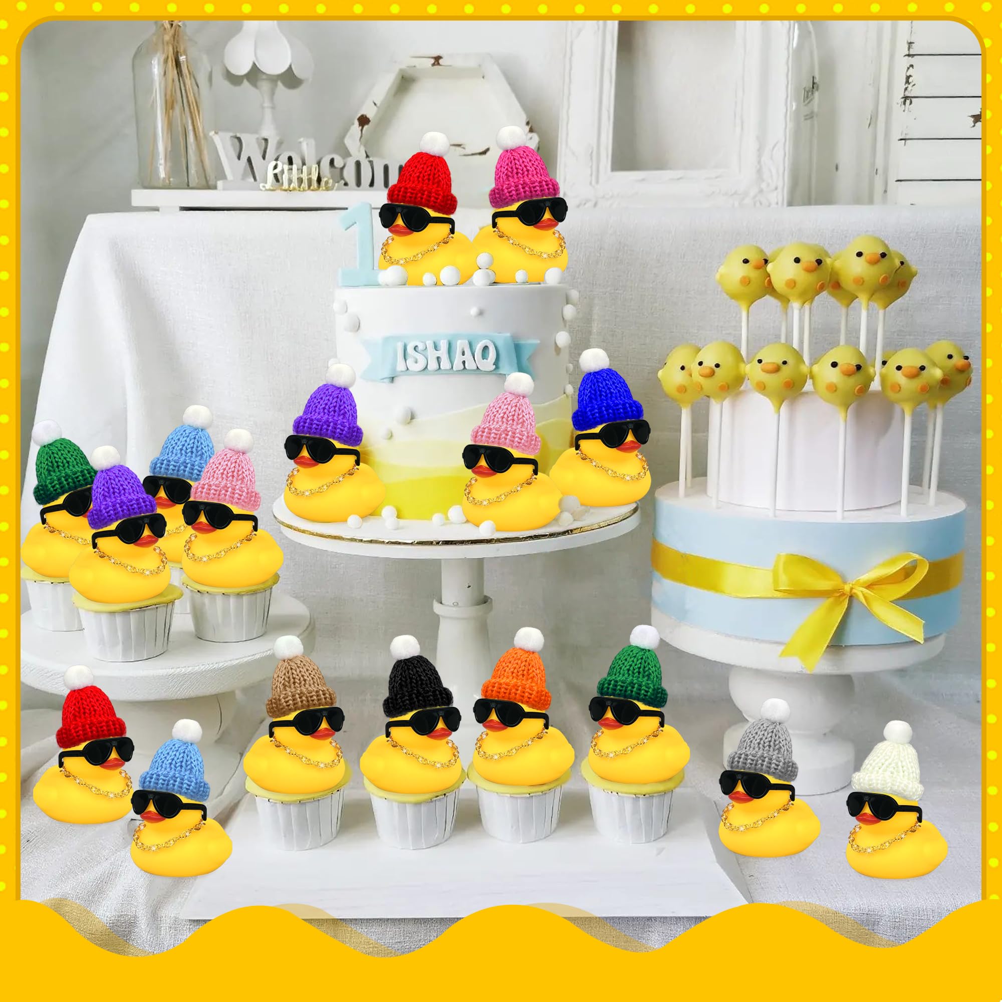 12 Set Mini Ducks with Mini Hats Necklace and Sunglasses Bath Duck Toy for Baby Shower Birthday Swimming Party Gift Favor Decorations