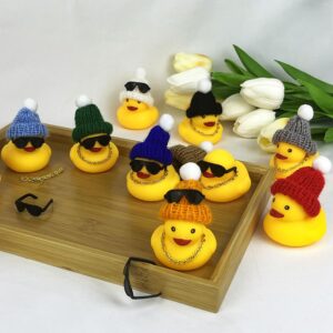 12 Set Mini Ducks with Mini Hats Necklace and Sunglasses Bath Duck Toy for Baby Shower Birthday Swimming Party Gift Favor Decorations