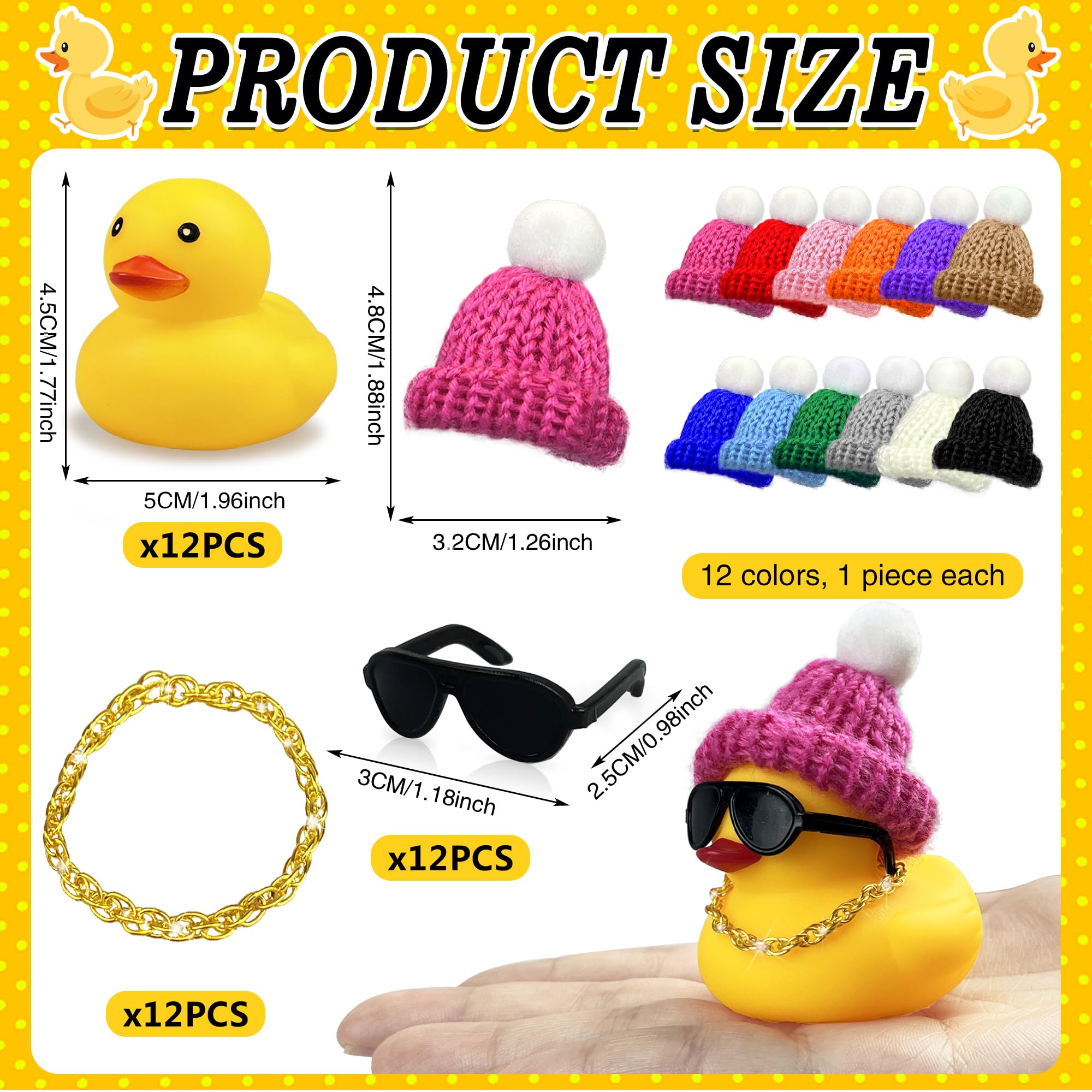 12 Set Mini Ducks with Mini Hats Necklace and Sunglasses Bath Duck Toy for Baby Shower Birthday Swimming Party Gift Favor Decorations