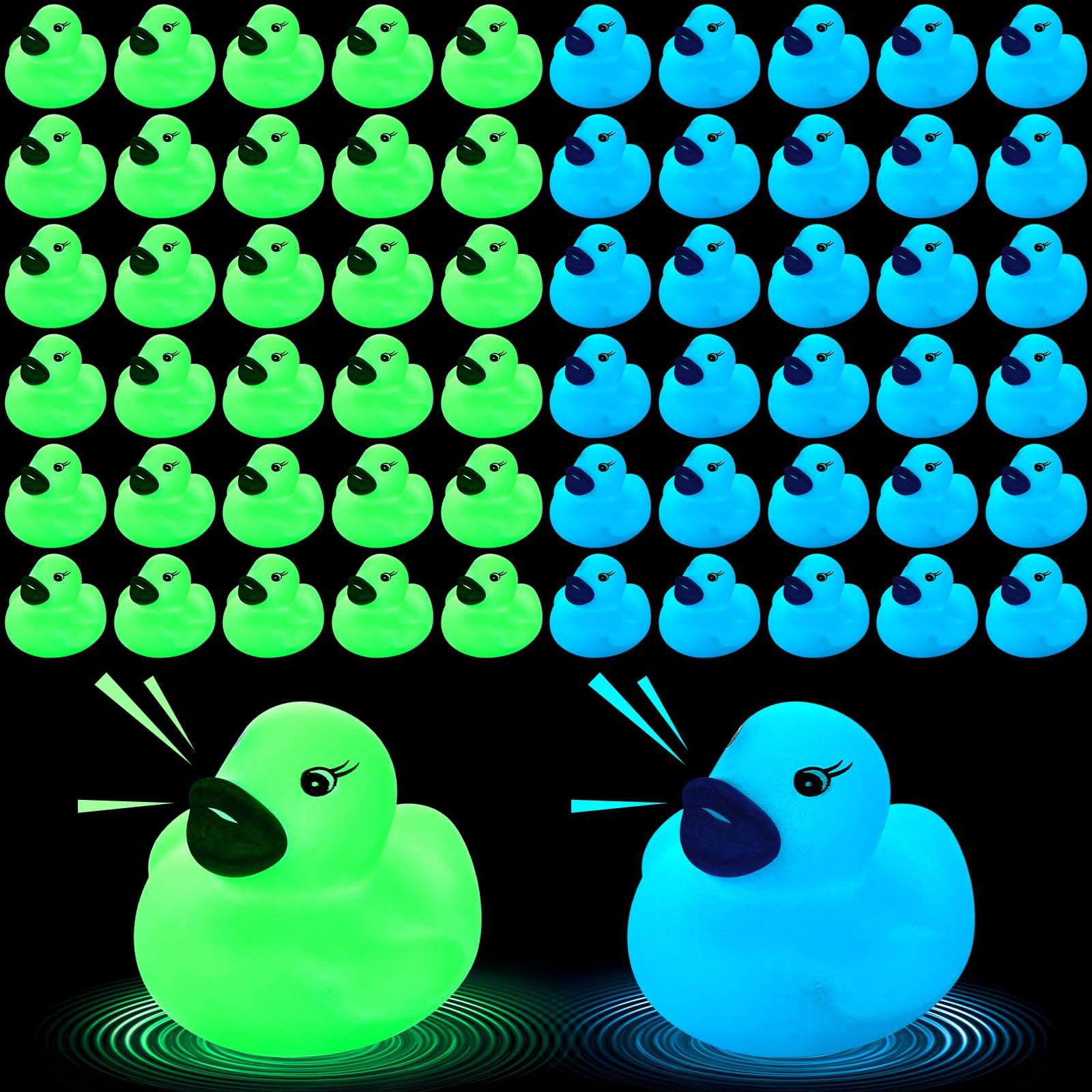 Hiboom 120 Pcs Glow in The Dark Rubber Ducks Squeaky Luminous Light up Rubber Ducks Fluorescent Floating Bath Mini Glow Toys Light up Duck for Boys Girls Adults Birthday Party Favors, Blue, Green