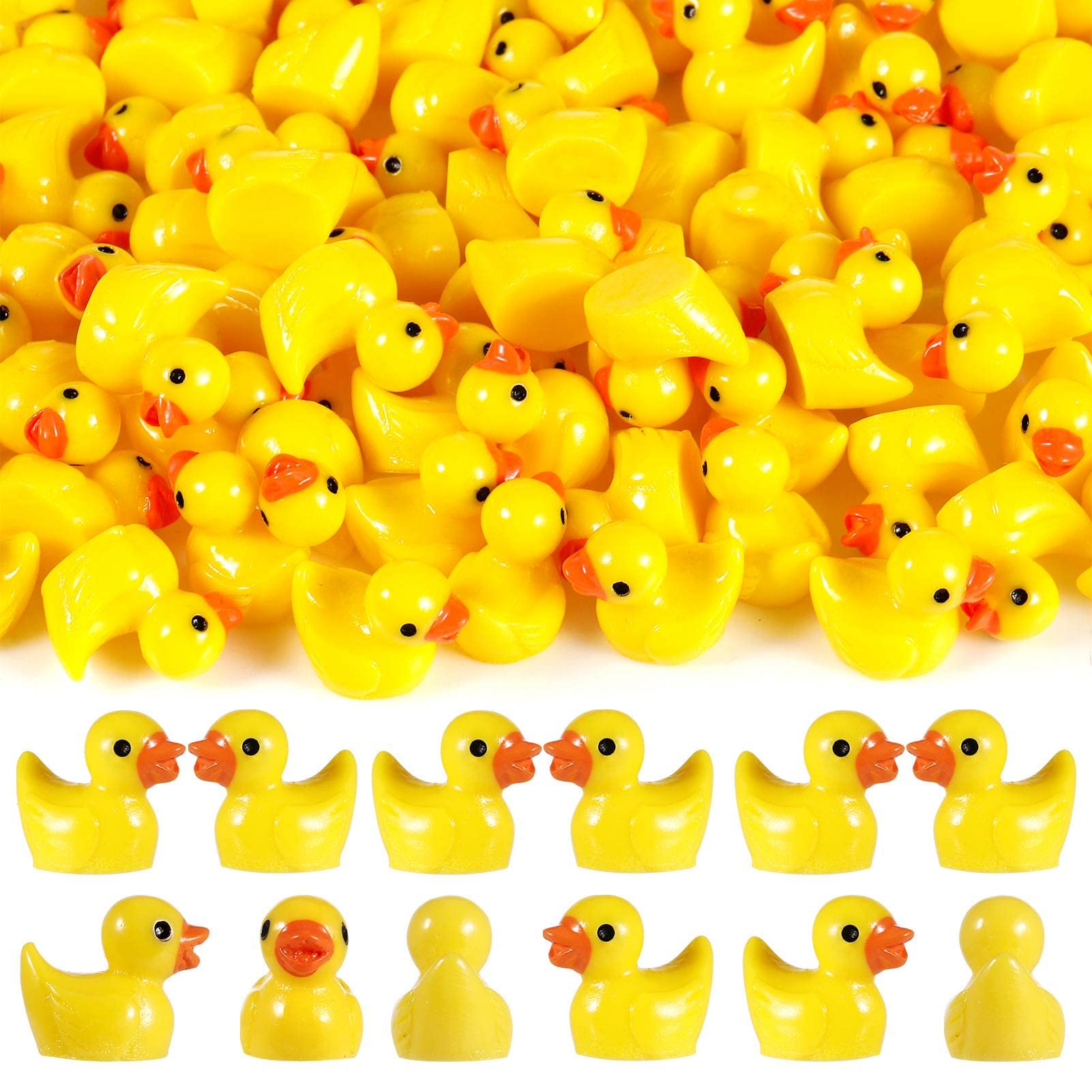 FRIUSATE 100 PCS Mini Resin Duck Miniature Duck Figures Micro Landscape Aquarium Dollhouse Ornament Potted Plants Decoration DIY Charms for Birthday Party Accessories, Tiny Duck(Yellow)