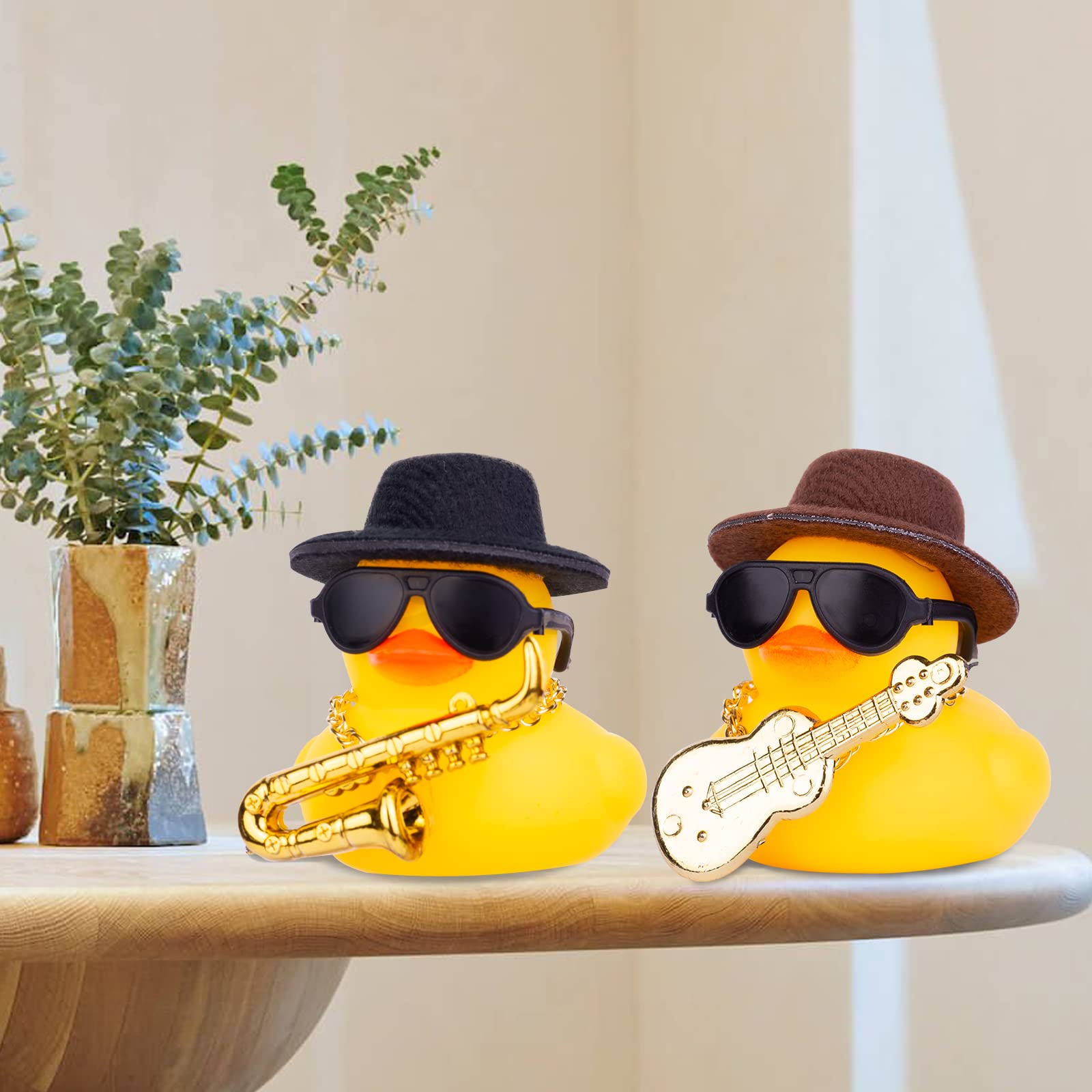 MuMyer Car Rubber Duck, Yellow Duck Car Dashboard Decorations with Mini Top Hat Musical Instrument Sunglasses Necklace(Black)