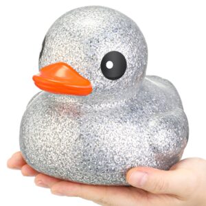 honoson 6.89 inch giant glitter rubber duck big glitter rubber duck large sparkly duck bath toy with squeaky sound for summer baby shower birthday party favor gift (silver)