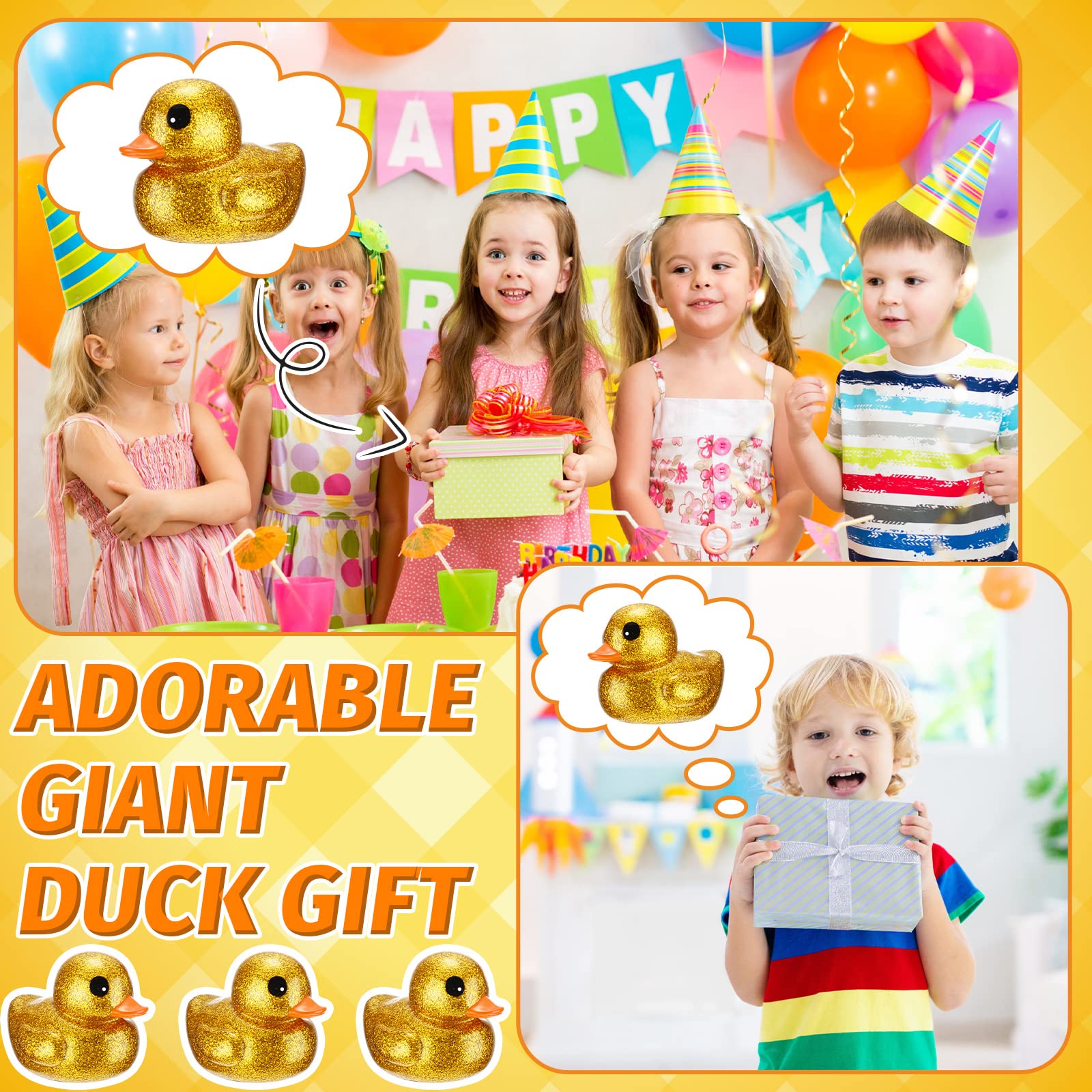 Honoson 6.89 Inch Giant Glitter Rubber Duck Big Glitter Rubber Duck Large Sparkly Duck Bath Toy with Squeaky Sound for Summer Baby Shower Birthday Party Favor Gift (Gold)