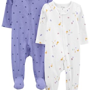 Simple Joys by Carter's Baby Girls' Cotton Sleep and Play, Pack of 2, Purple Polka Dot/White Ducks, 6-9 Months