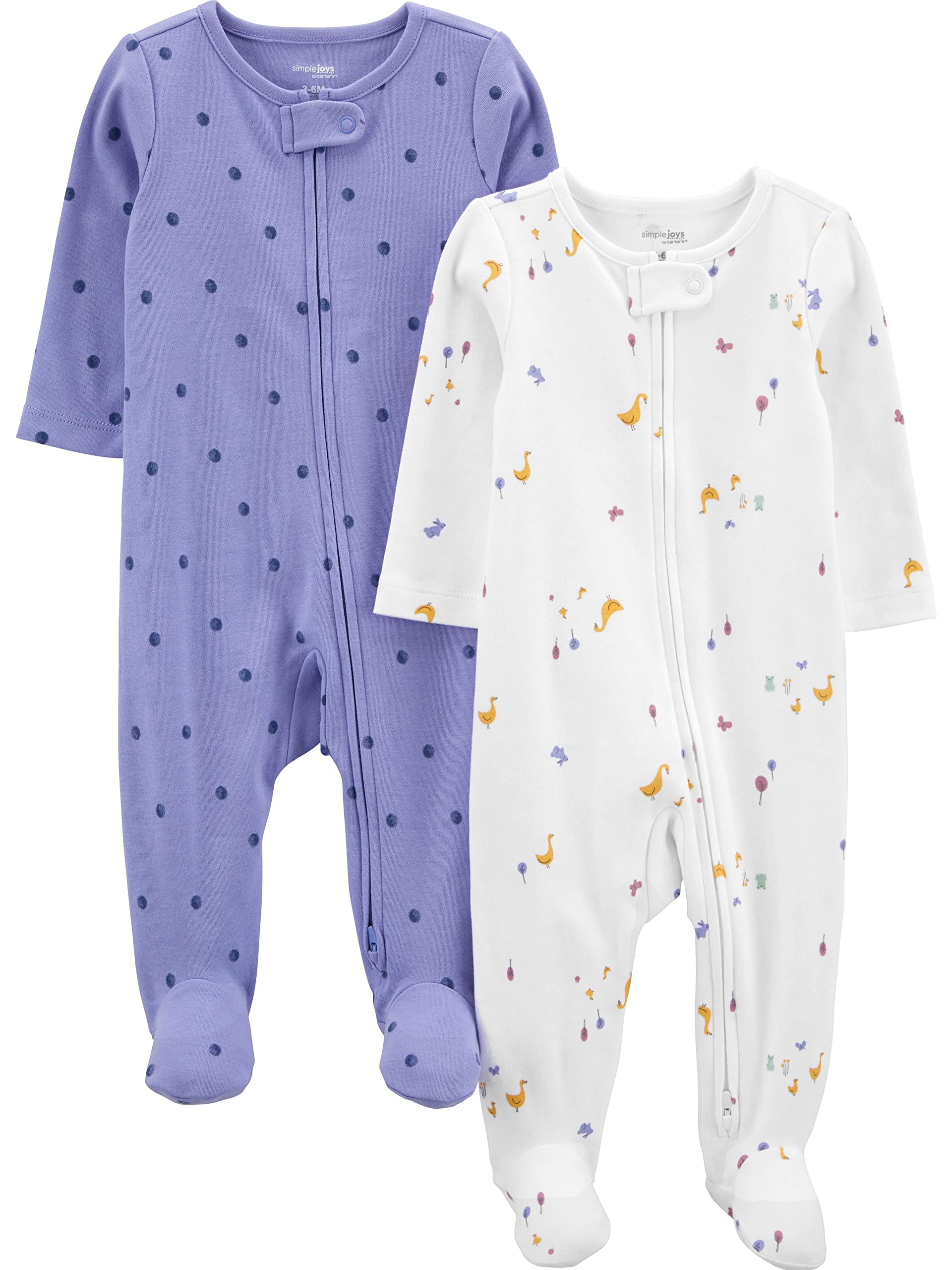 Simple Joys by Carter's Baby Girls' Cotton Sleep and Play, Pack of 2, Purple Polka Dot/White Ducks, 6-9 Months