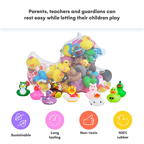 Kicko Assorted Rubber Ducks with Mesh Bag - 50 Ducklings, 2 Inch – Jeep Ducks for Kids, Baby Bath Toys, Sensory Play, Stress Relief, Novelty, Stocking Stuffers, Classroom Prizes, Supplies, Holidays