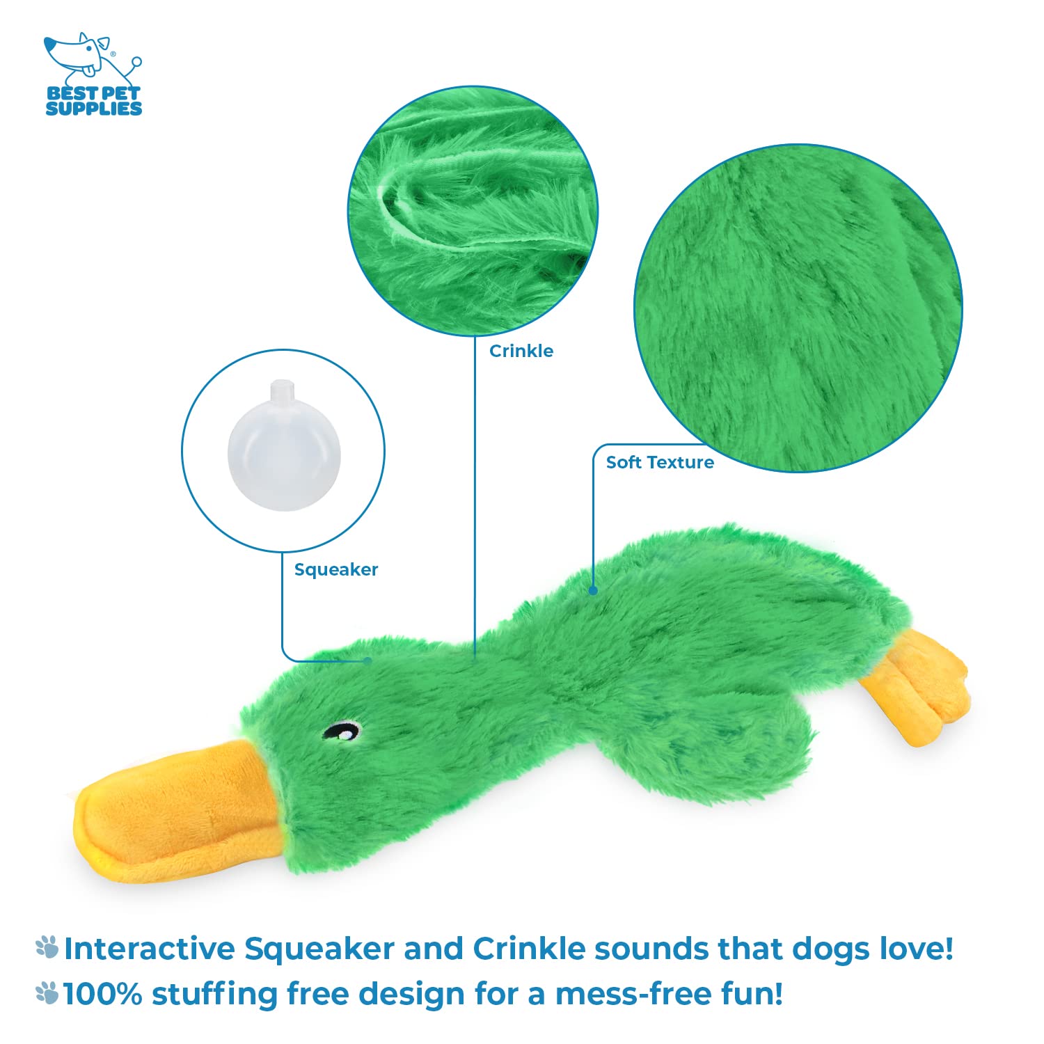 Best Pet Supplies Crinkle Dog Toy for Small, Medium, and Large Breeds, Cute No Stuffing Duck with Soft Squeaker, Fun for Indoor Puppies and Senior Pups, Plush No Mess Chew and Play - Light Green