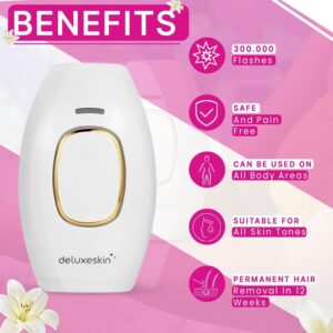 Deluxeskin Laser Hair Removal At Home - IPL Hair Removal Device | The Ultimate Skincare Routine for Beautiful, Radiant Skin of Bikini, Legs, Arms, Face, Upper Lips | Facial Hair Removal Handset