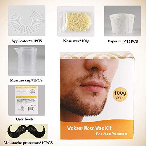 Nose Wax Kit, 100g Wax, 30 Applicators. Nose Ear Hair Instant Removal Kits from Wokaar (15-20 Times Usage).Nasal Waxing Kit for Men and Women, Safe Easy Quick & Painless.10 Mustache Guards