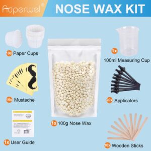 Nose Wax Kit, Auperwel Nose Ear Hair Instant Removal Kits 15-20 Times Usage, Nostril Waxing Kit for Men Women, Safe Easy Quick, 100g Wax, 20 Black Stcik Applicator, 15 Mustache Guards, 10pcs Paper Cup