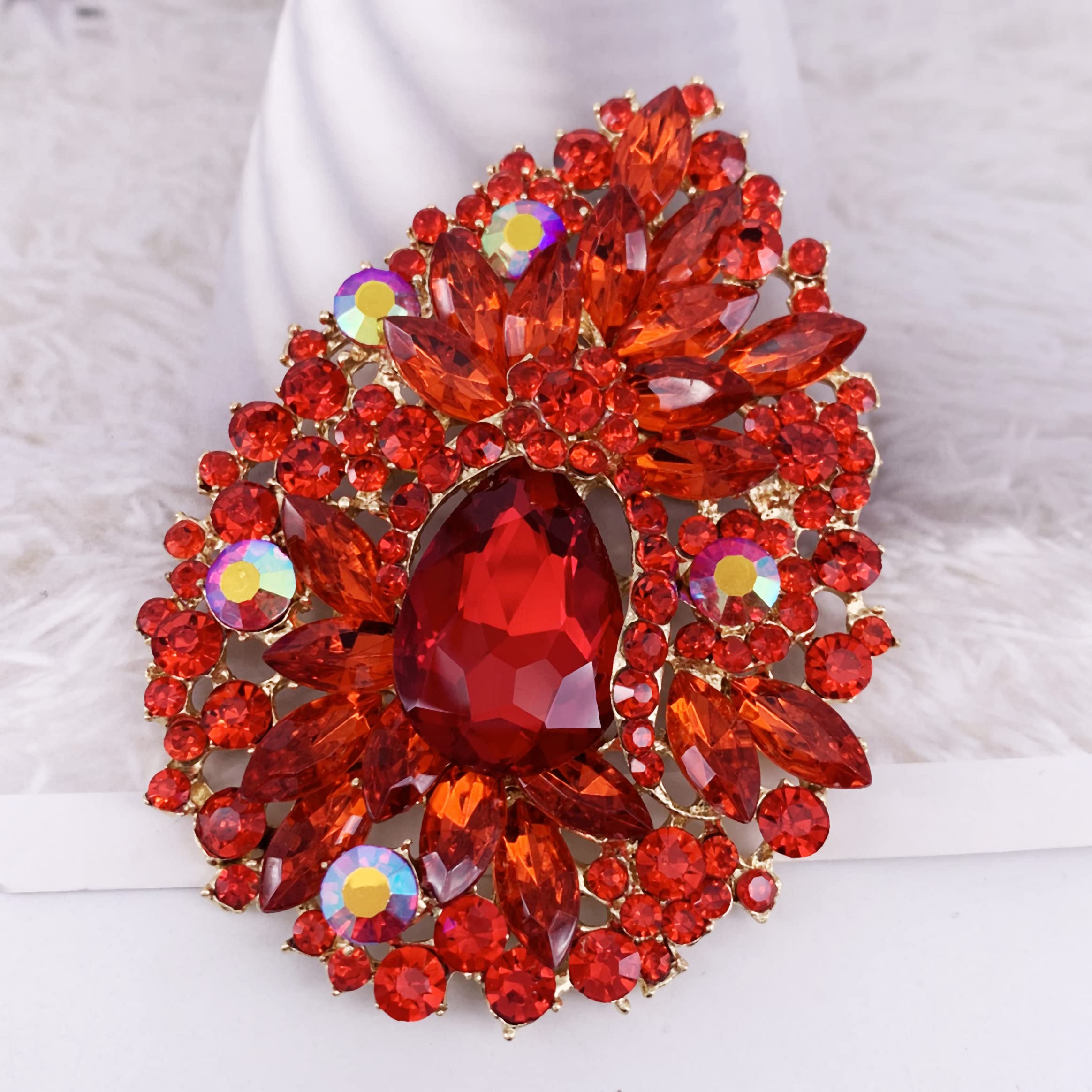 SELOVO Huge Big Large Flower Statement Brooches and Pins Scarf Decoration Gold Tone (Red)