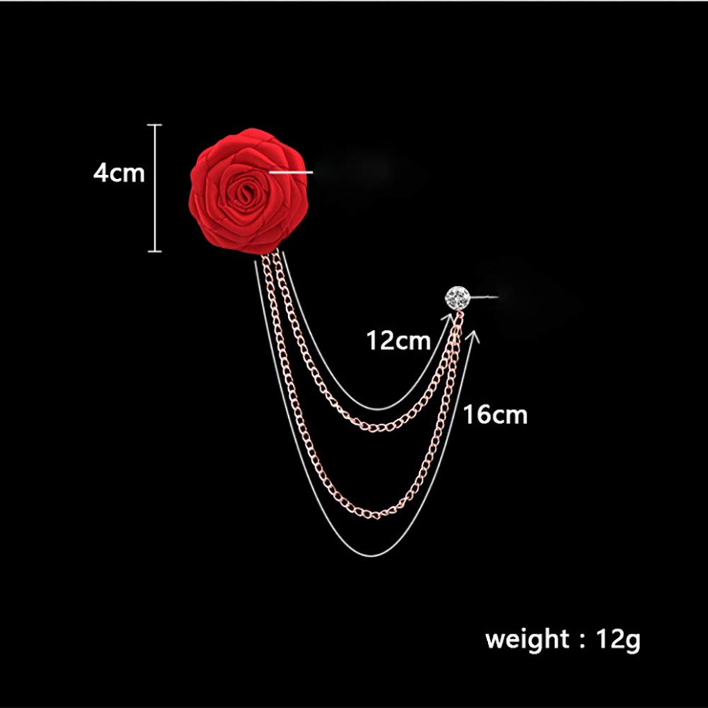 Fashion Bridegroom Wedding Brooches Cloth Art Hand-Made Rose Flower Brooch Lapel Pin Badge Tassel Chain Men's Suit Accessories (Red)