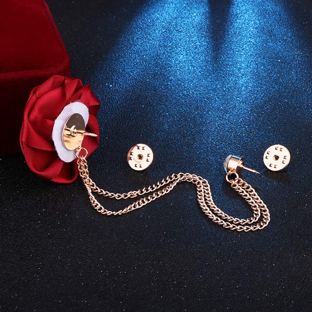 Fashion Bridegroom Wedding Brooches Cloth Art Hand-Made Rose Flower Brooch Lapel Pin Badge Tassel Chain Men's Suit Accessories (Red)