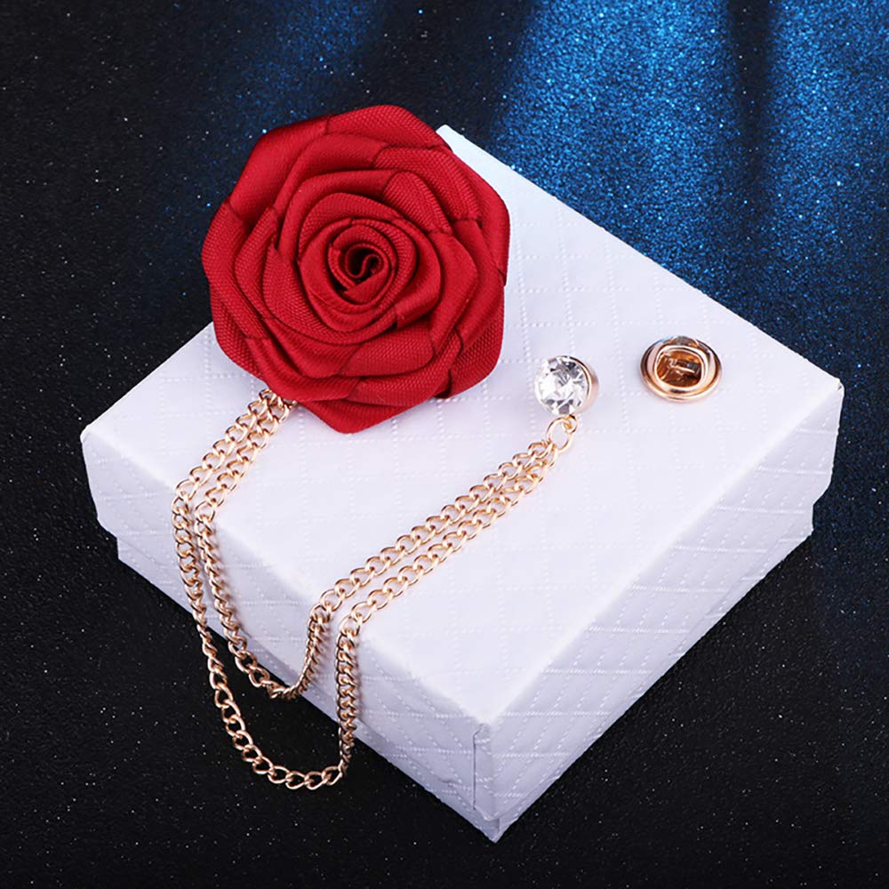 Fashion Bridegroom Wedding Brooches Cloth Art Hand-Made Rose Flower Brooch Lapel Pin Badge Tassel Chain Men's Suit Accessories (Red)