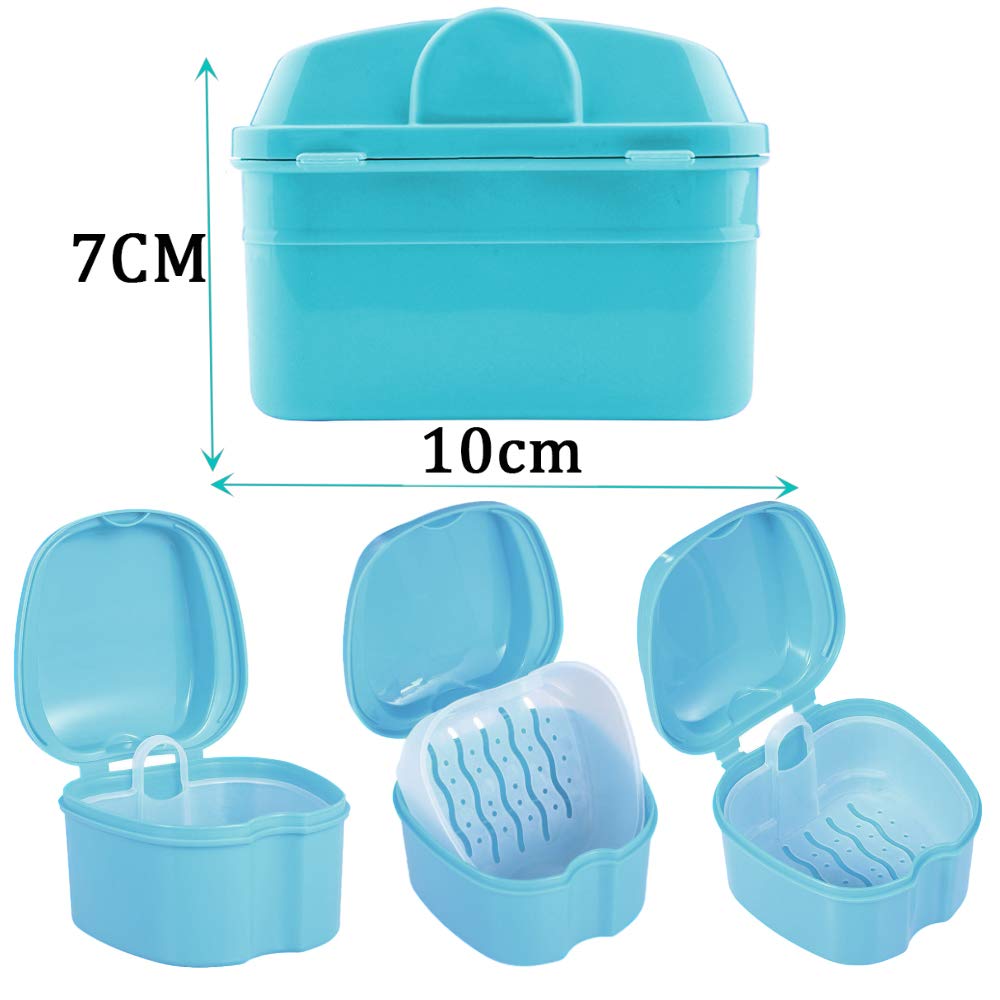 Denture Bath Box Cup, Complete Clean Care for Dentures, Clear Braces, Mouth Guard, Night Guard & Retainers,Traveling (Navy Blue & Blue)