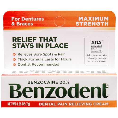 Benzodent Dental Pain Relieving Cream for Dentures and Braces, Topical Anesthetic, 0.25 Ounce Tube