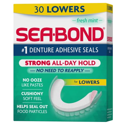 Sea Bond Secure Denture Adhesive Seals, Fresh Mint Lowers, Zinc-Free, All-Day-Hold, Mess-Free, 30 Count (Pack of 1)