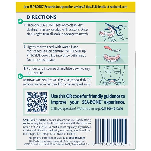 Sea Bond Secure Denture Adhesive Seals, Fresh Mint Lowers, Zinc-Free, All-Day-Hold, Mess-Free, 30 Count (Pack of 1)