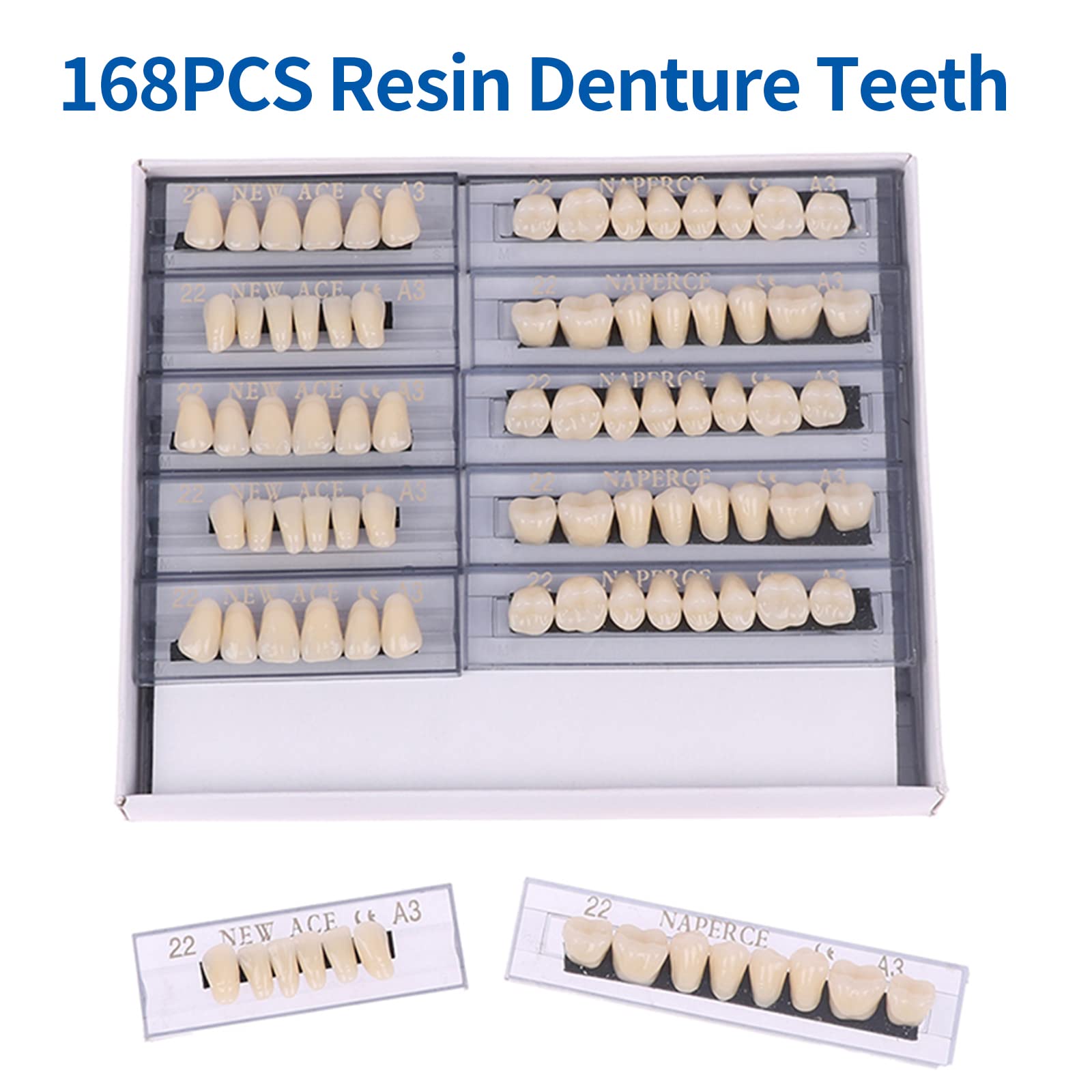 168 Pieces False Teeth Dental Complete Acrylic Resin Denture Teeth, 6 Sets Whole Teeth Synthetic Polymer Denture Tooth, 23 Shade A3 Upper + Lower Dental Materials for Replacement, DIY, or Halloween