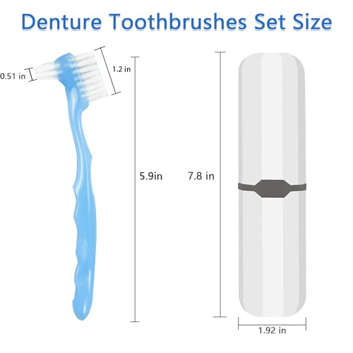 Jrehoor Denture Brush, 2 Pieces False Toothbrush with White Carrying Case, Multi-Layered Bristles Ergonomic Rubber Handle for Fake Teeth Cleaning