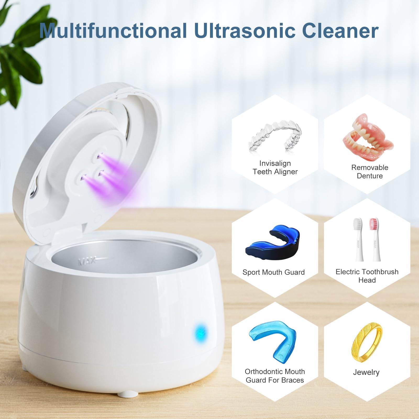 Raymall Utrasonic Retainer Cleaner, Denture Ultrasonic Cleaner Portable Aligner Sonic Dental Appliance Cleaner Jewelry Cleaning Machine for Home Travel, Sonic Dental Cleaner Ultrasonic Dental Cleaner