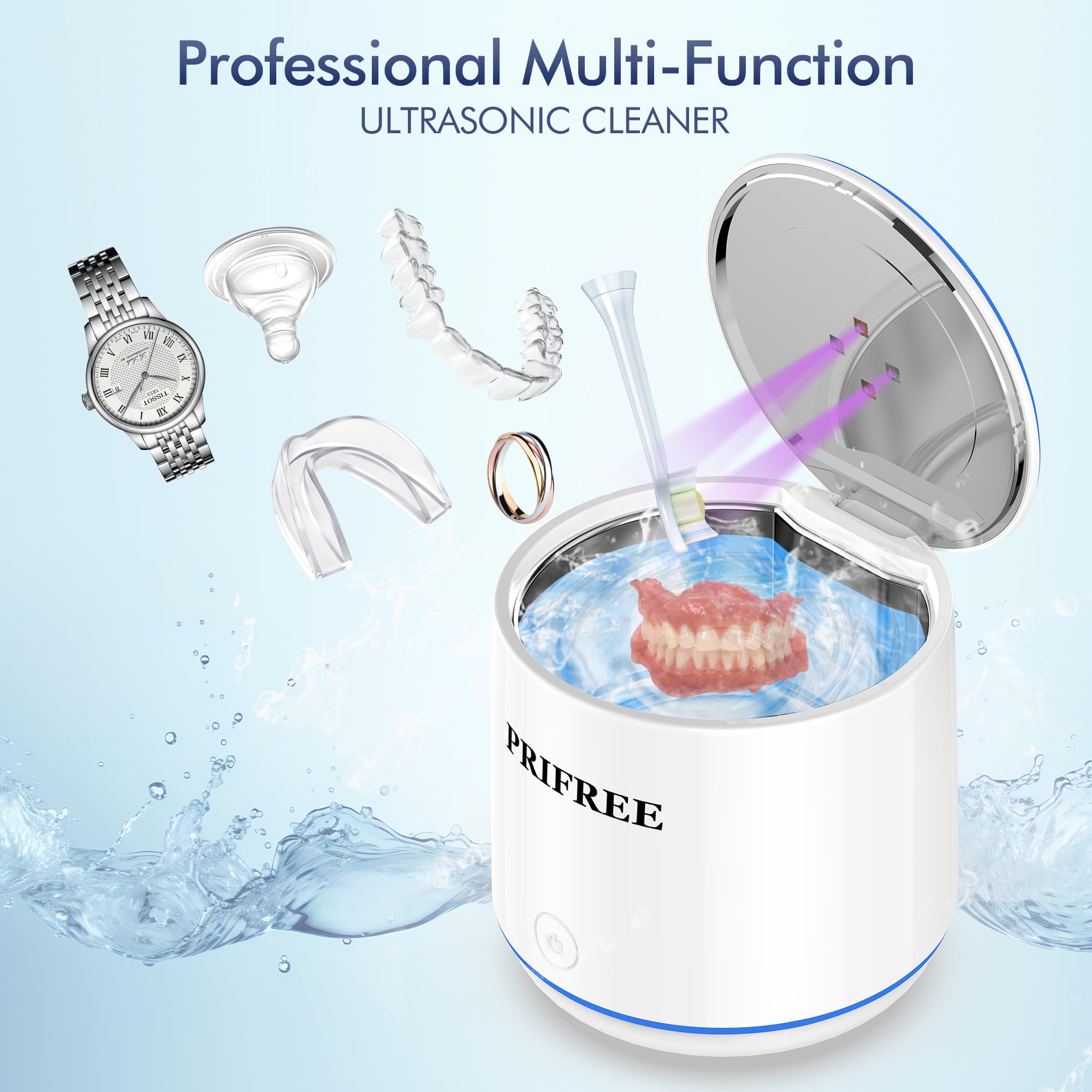 Ultrasonic Cleaner for Dentures, Retainer, Aligner, Mouth Guard, Braces, Jewelry, Whitening Trays, Toothbrush Head, 45kHz Portable Ultrasonic Retainer Cleaner, For Home and Travel blue