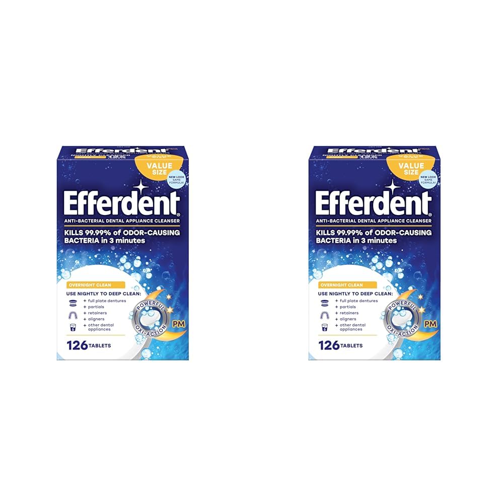 Efferdent Retainer Cleaning Tablets, Denture Cleanser Tablets For Dental Appliances, Overnight Whitening, 126 Tablets BLUE (Pack of 2)