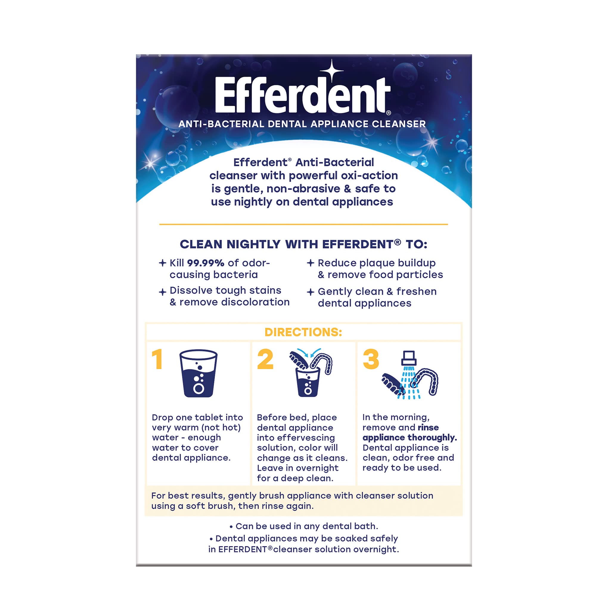 Efferdent Retainer Cleaning Tablets, Denture Cleanser Tablets For Dental Appliances, Overnight Whitening, 126 Tablets BLUE (Pack of 2)