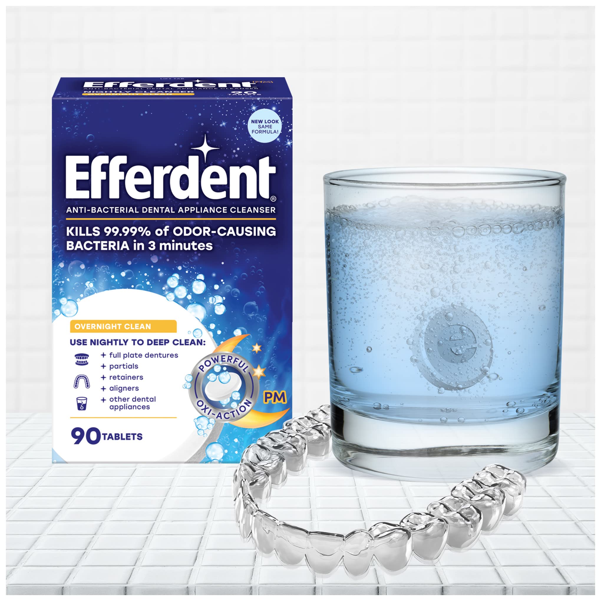 Efferdent Retainer Cleaning Tablets, Denture Cleanser Tablets For Dental Appliances, Overnight Whitening, 126 Tablets BLUE (Pack of 2)