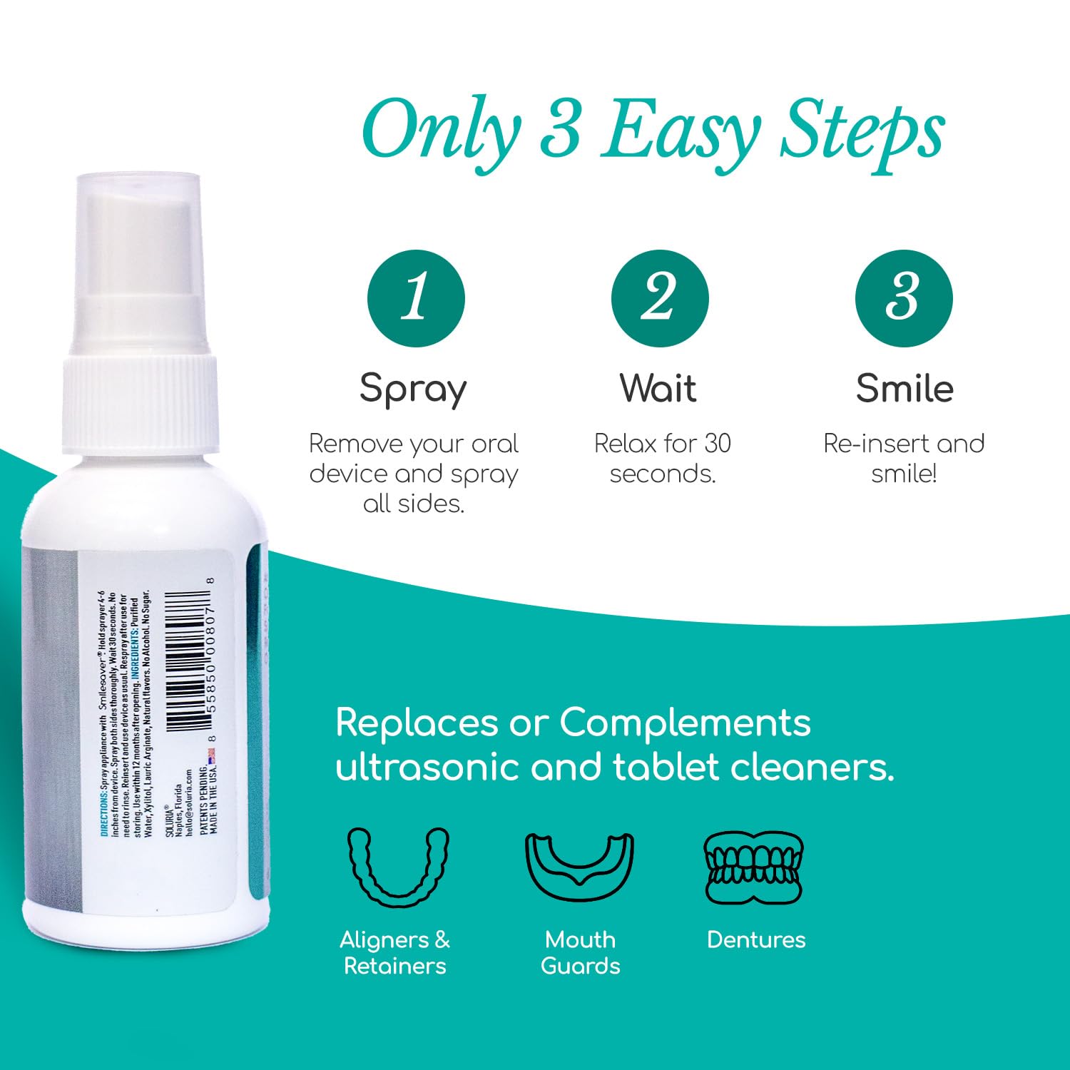 Smilesaver Cleaner - Quick & Effective Cleaner for Retainers, Clear Aligner, Dentures, Nightguard - Replaces or Complements Ultrasonic and Tablet Cleaner - Minty Taste (2 Ounce - Pack of 1)