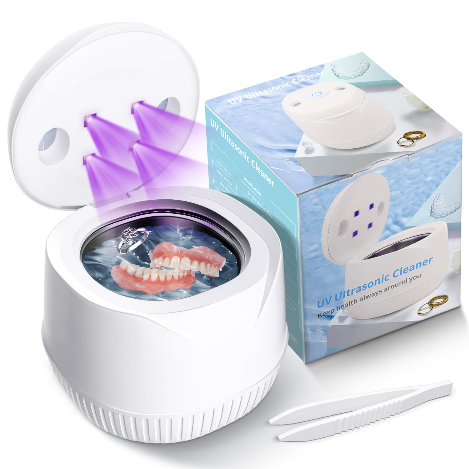 THISONG Ultrasonic UV Cleaner for Dentures, Orthodontic Appliances, Whitening Trays, Toothbrush Heads, Diamond, Jewelry, 5/10 Minutes Ultrasonic Retainer Cleaner with UV Light