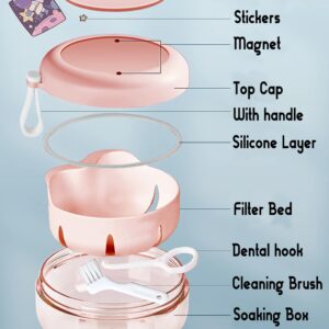 MURRI&MURRDI Retainer Case, Denture Case, Denture Bath Box with Strainer Basket, Cute Denture Holder Retainer Storage Soak Container for Travel Cleaning, Mouth Guard Case, Braces cleaner Cup (B Pink)