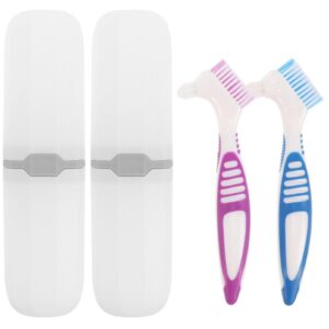 jecompris denture toothbrush 2 sets denture dual bristle heads toothbrushes with cover case ergonomic handle toothbrushes for denture deep cleaning care double sided toothbrush