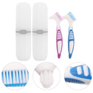 JECOMPRIS Denture Toothbrush 2 Sets Denture Dual Bristle Heads Toothbrushes with Cover Case Ergonomic Handle Toothbrushes for Denture Deep Cleaning Care Double Sided Toothbrush