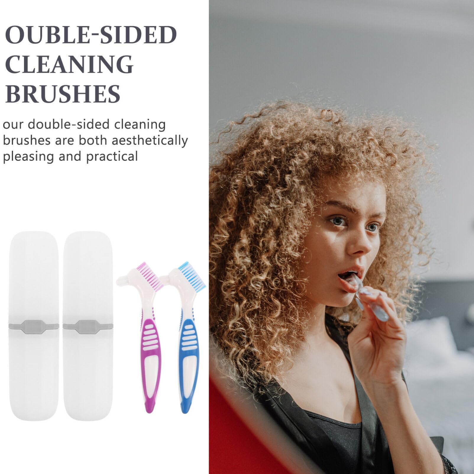 JECOMPRIS Denture Toothbrush 2 Sets Denture Dual Bristle Heads Toothbrushes with Cover Case Ergonomic Handle Toothbrushes for Denture Deep Cleaning Care Double Sided Toothbrush